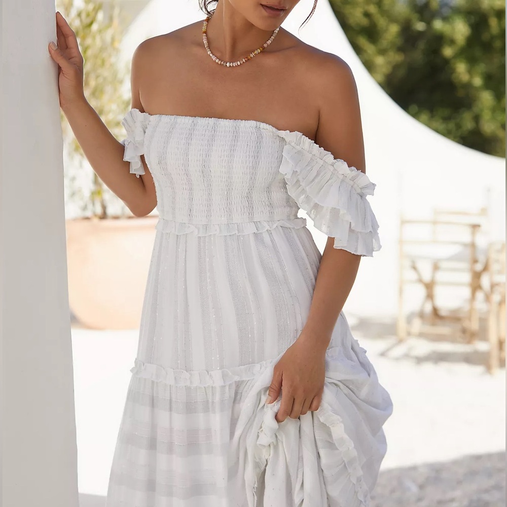 PQ Swim x Anthropologie Victoria Smocked Ruffle Maxi Coverup Dress